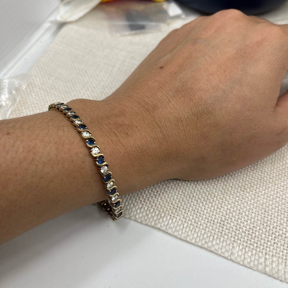 Vintage Estate Gold Over Sterling Silver Tennis Bracelet Sapphire Clear CZ 7.25" - Picture 4 of 16